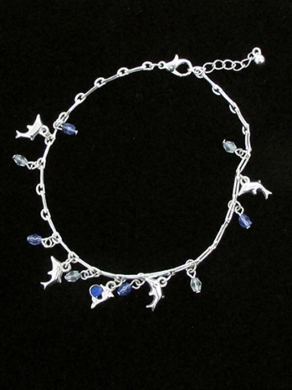 9" Dolphin & Blue Bead Silver Tone Chain Anklet